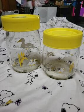 Vintage Carlton Glass 1982 Yellow Duck Canister Lidded Jar X 2